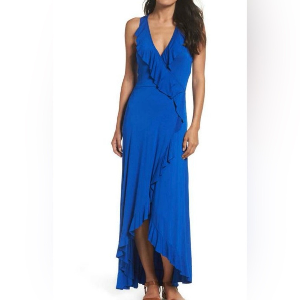 Blue High Low V-Neck Ruffle From the Heart Dress Size Large